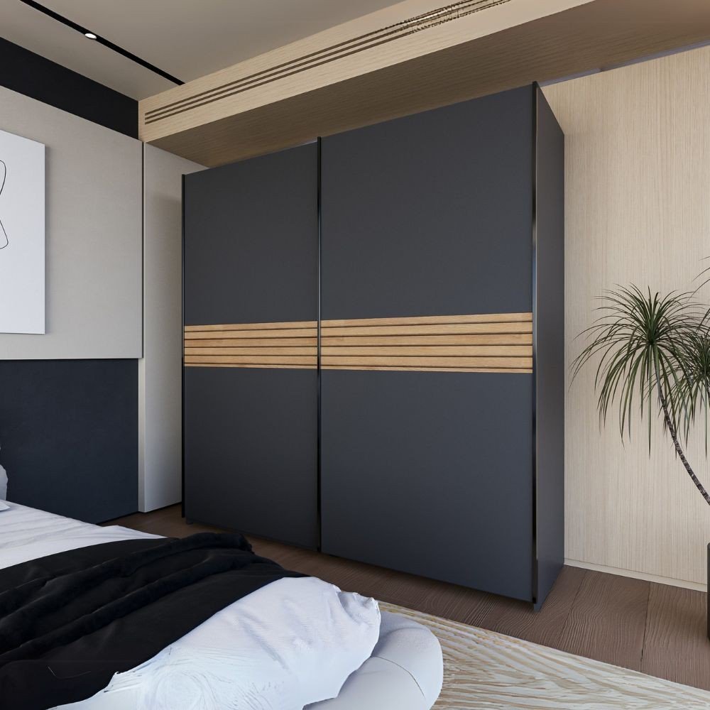 39389.jpg Armadio Metropol 2 ante scorrevoli 200 cm. colore antracite con inserti rovere - immagine 1
