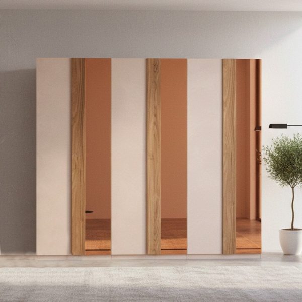 Armadio Bristol 6 ante battenti in finitura cashmere e noce caramello con specchi bronzati