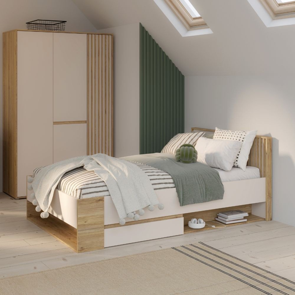 43470.jpg Letto una piazza e mezza Neutra 120x200 cm. con cassetto e 2 vani a giorno colore rovere e cashmere - immagine 1
