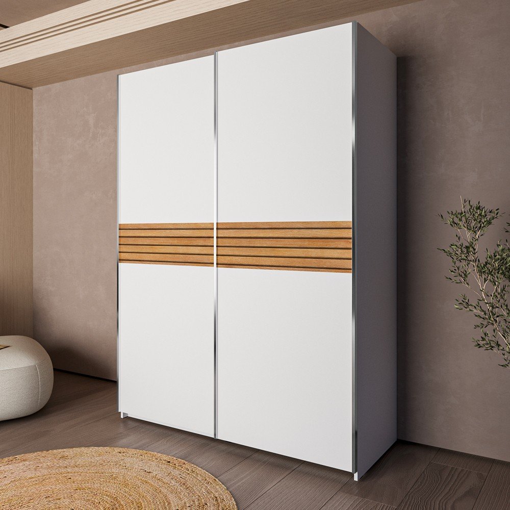 44133.jpg Armadio Metropol 2 ante scorrevoli 150 cm. colore bianco con inserti rovere - immagine 1