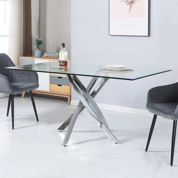 Tavolo da pranzo rettangolare fisso Peyton con piano in vetro temperato e gambe cromate 160x90 cm.