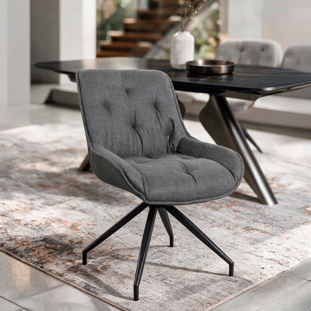55302.jpg Sedia da pranzo Agora colore grigio con schienale in ecopelle grigio scuro e gambe nere con base fissa set 2 pezzi - immagine 1