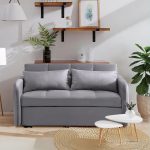 Divano letto Clorene in velluto grigio con tasche e presa USB laterale
