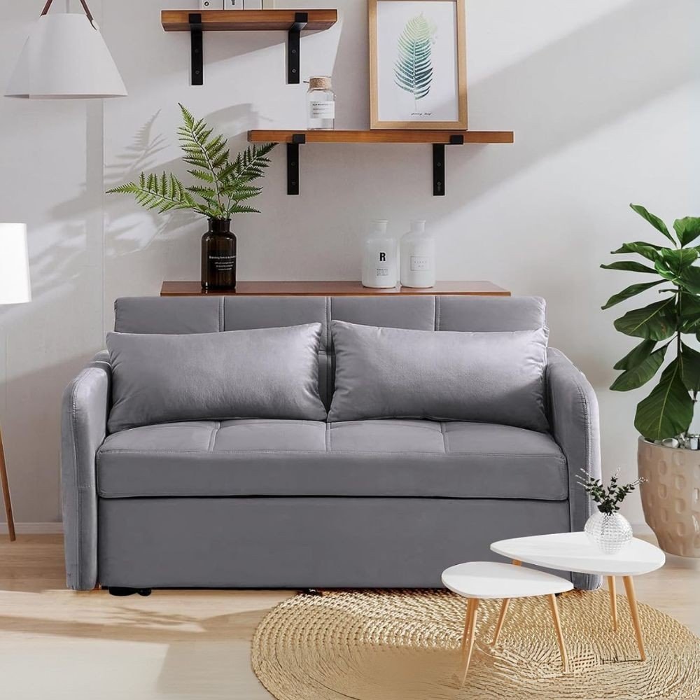 62134.jpg Divano letto Clorene in velluto grigio con tasche e presa USB laterale - immagine 1