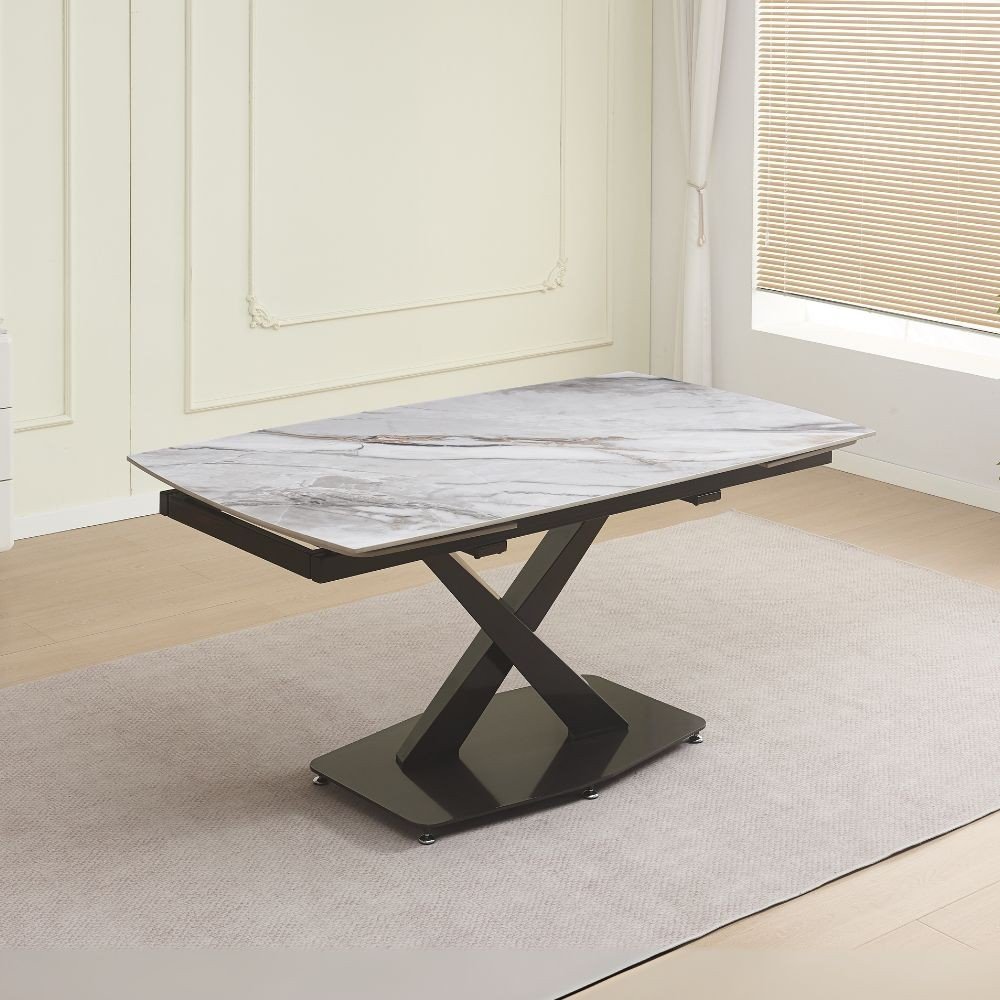 62266.jpg Tavolo Moritz con piano in ceramica effetto marmo bianco M325 lucido e gambe in metallo titanio lucido - immagine 1