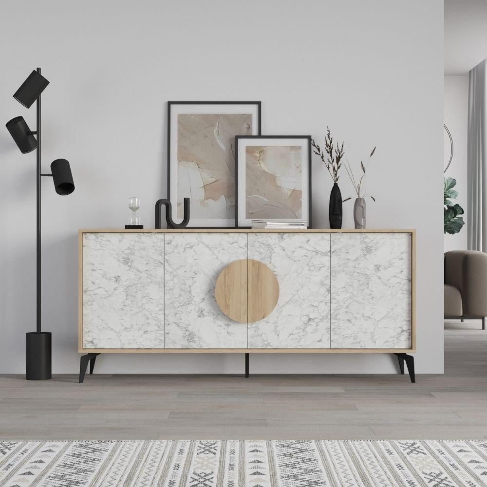 64183.jpg Madia Gora 180 cm struttura colore rovere con ante carrara effetto marmo bianco - immagine 1