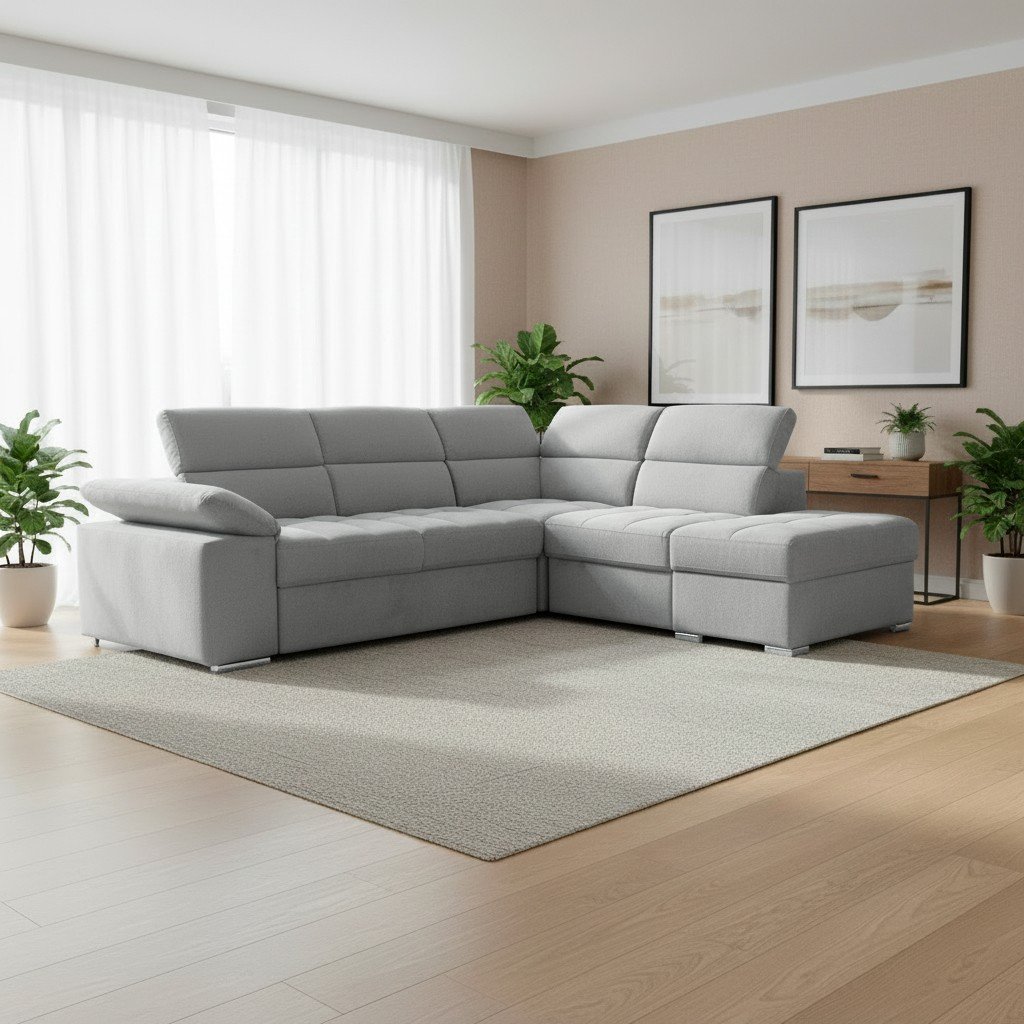 65820.jpg Divano letto angolare Capri reversibile con 5 poggiatesta regolabili e pouf indipendente in Aragon 80 grigio chiaro - immagine 1