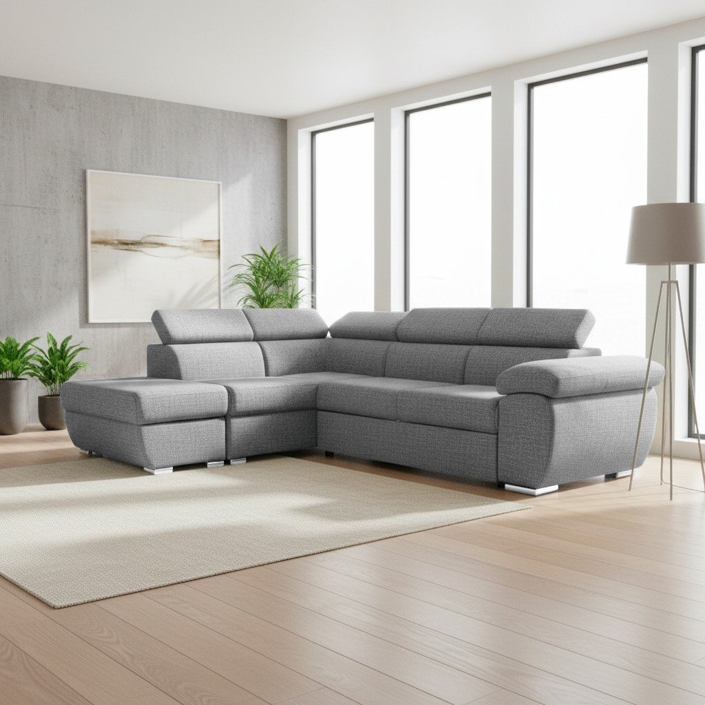 65844.jpg Divano letto Fiona angolare con penisola sinistra e pouf contenitore in tessuto Aragon 83 grigio - immagine 1
