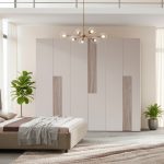 Camera da letto Malena con letto imbottito contenitore e armadio 6 ante in grigio chiaro e vanguard chiaro - immagine 5
