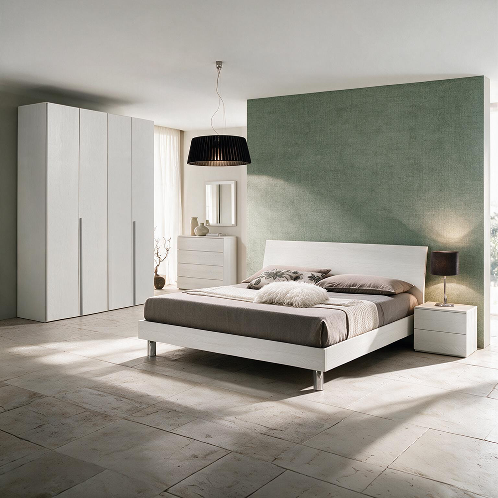 Camera Urano con armadio 4 ante battenti e letto in legno colore bianco larice