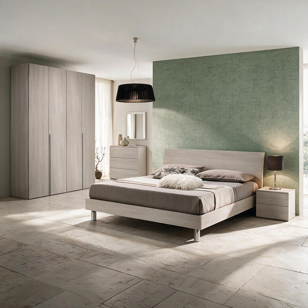Camera Urano con armadio 4 ante battenti e letto in legno colore olmo perla
