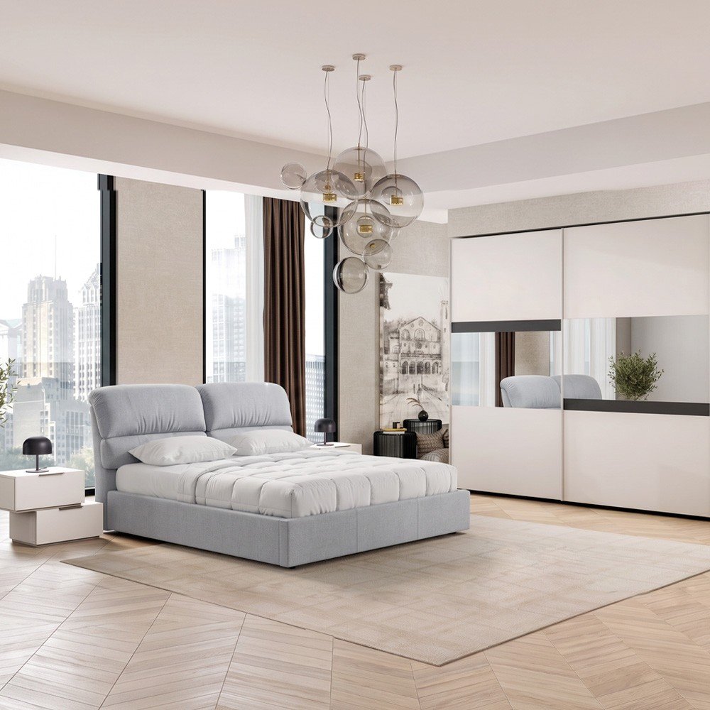 Camera Milva con letto contenitore Sofaback grigio chiaro e armadio scorrevole 2 ante specchiate in cashmere e antracite