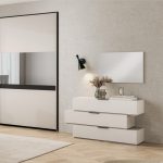 Camera Milva con letto contenitore Sofaback grigio chiaro e armadio scorrevole 2 ante specchiate in cashmere e antracite - immagine 2