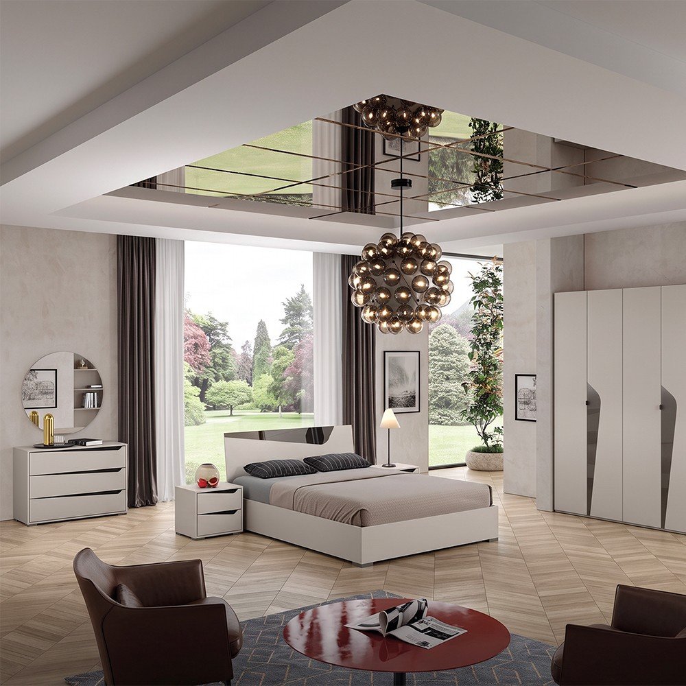 Camera da letto Frida con letto contenitore con inserto a specchio e armadio 6 ante battenti con specchi sagomati cashmere